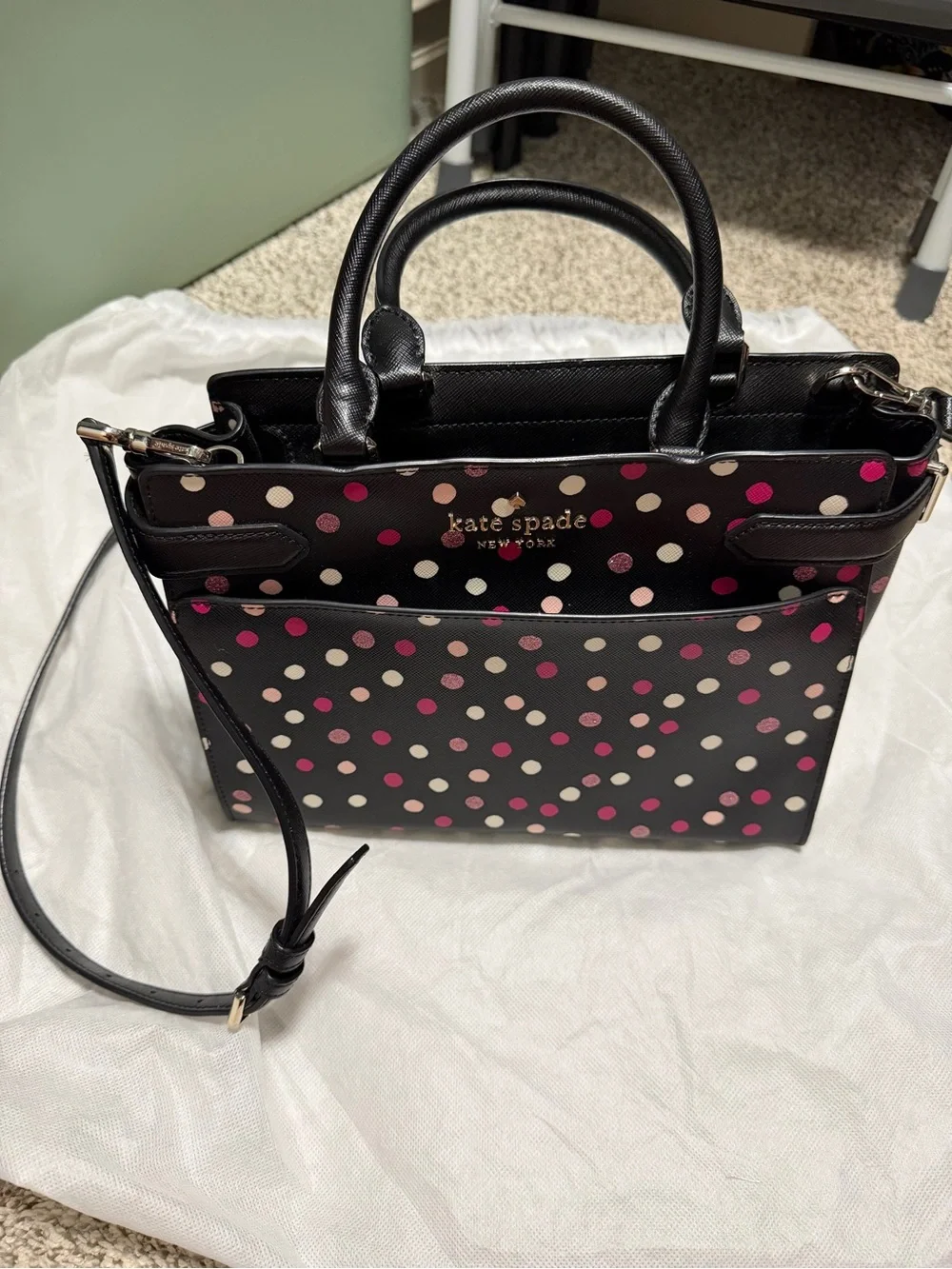 kate spade Black Leather Crossbody Tote with Pink and Cream Polka Dots
